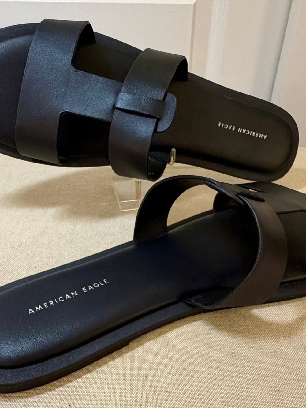 American Eagle Outfitters Black Double-Strap Leather Slide Sandals -Size 11
